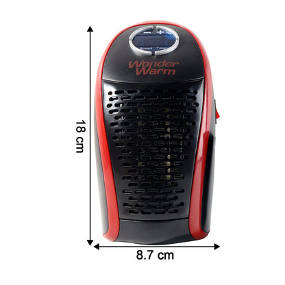 Wukusy Wonder Warm 400W wall plug room heater with remote control for office use, showing the compact heater on a wall.