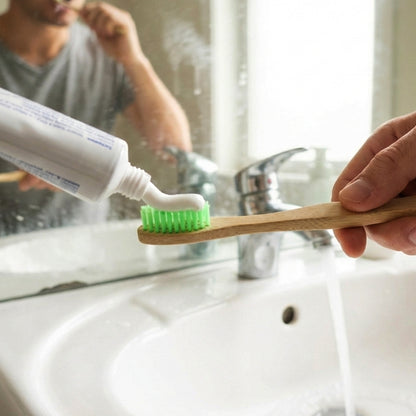 Wukusy bamboo toothbrush set for adults, pack of 4, with eco-friendly bamboo handles and soft bristles, displayed on a white background.