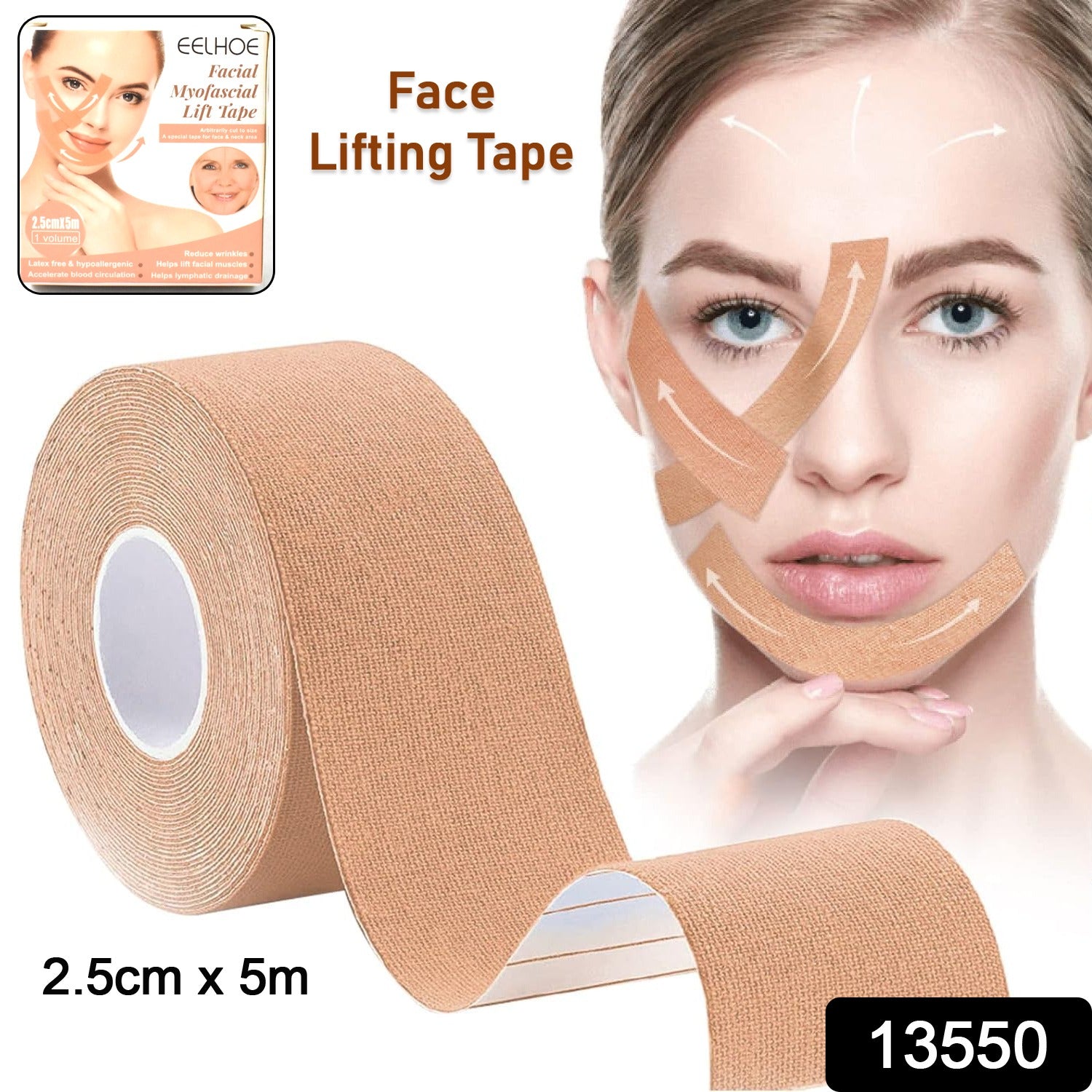 Wukusy face lifting tape, 2.5 cm wide and 5 m long, showing the white myofascial face tightening tape rolled out on a surface.