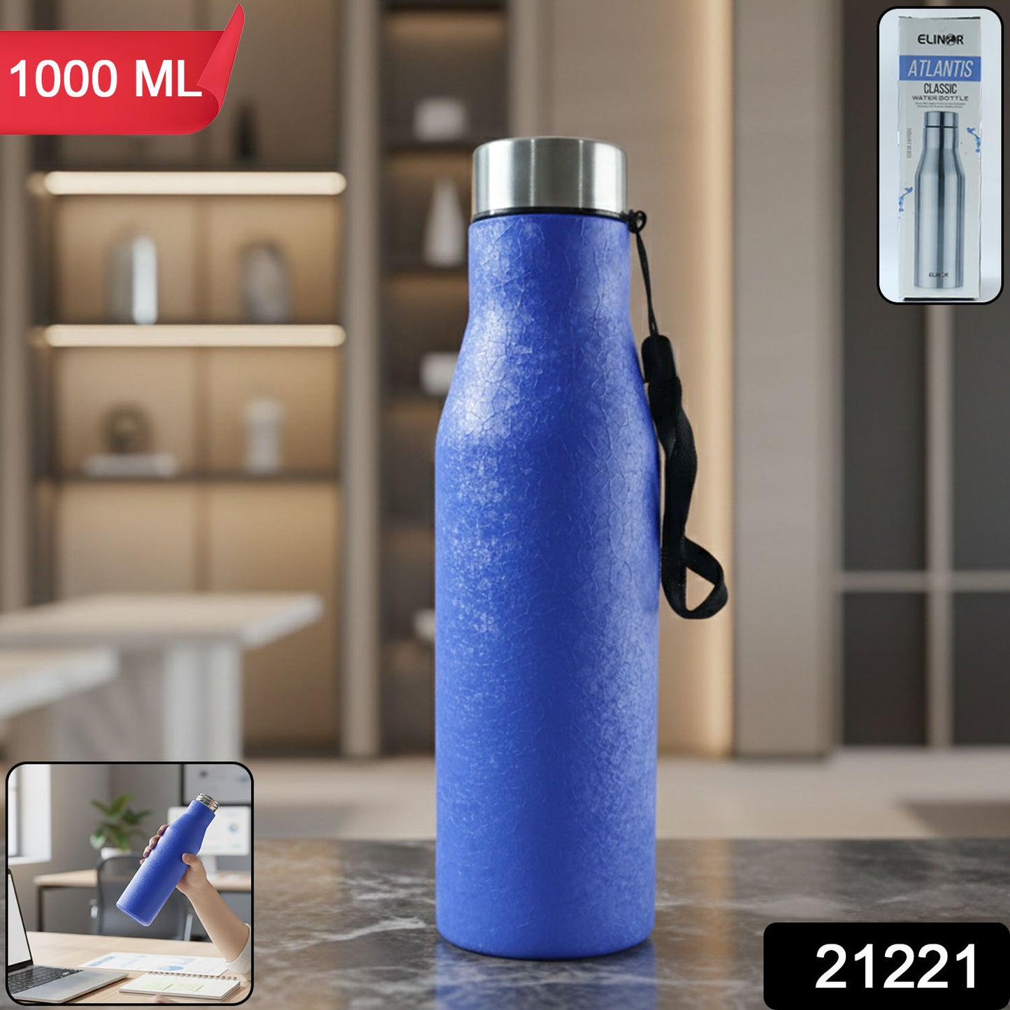 Wukusy classic stainless steel water bottle in blue, 1000 ml capacity, showing a sleek, durable design with a secure lid.