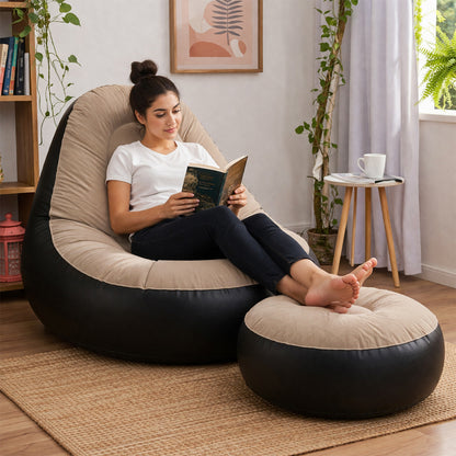 Wukusy inflatable air sofa chair set with one large 100x73x100 cm seat and a smaller 55x30 cm footrest, in vibrant colors.