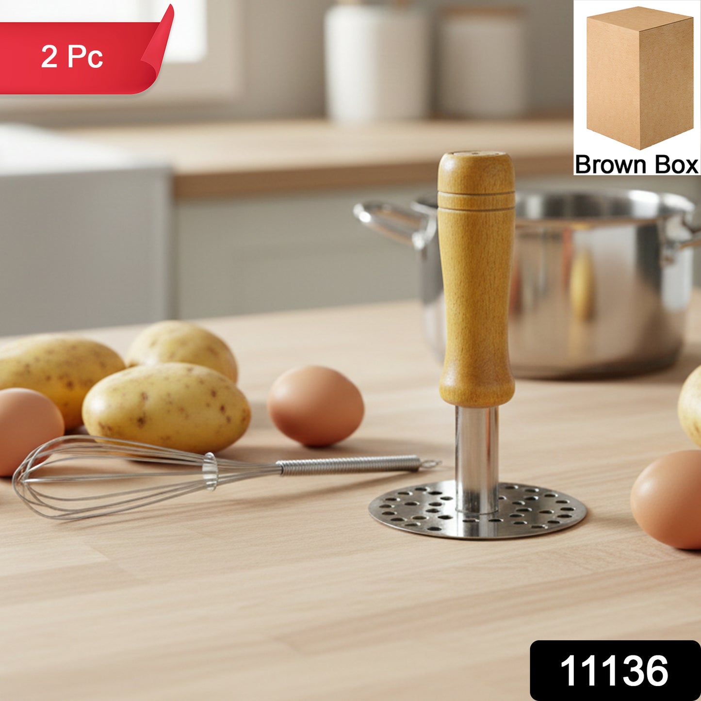 Wukusy manual stainless steel whisk and pav bhaji potato masher combo set, showcasing the shiny kitchen tools on a white background.