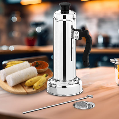 Wukusy 5311 Puttu Maker with steamer plate, stainless steel top, black plastic handle, silver lid, for pressure cooker use
