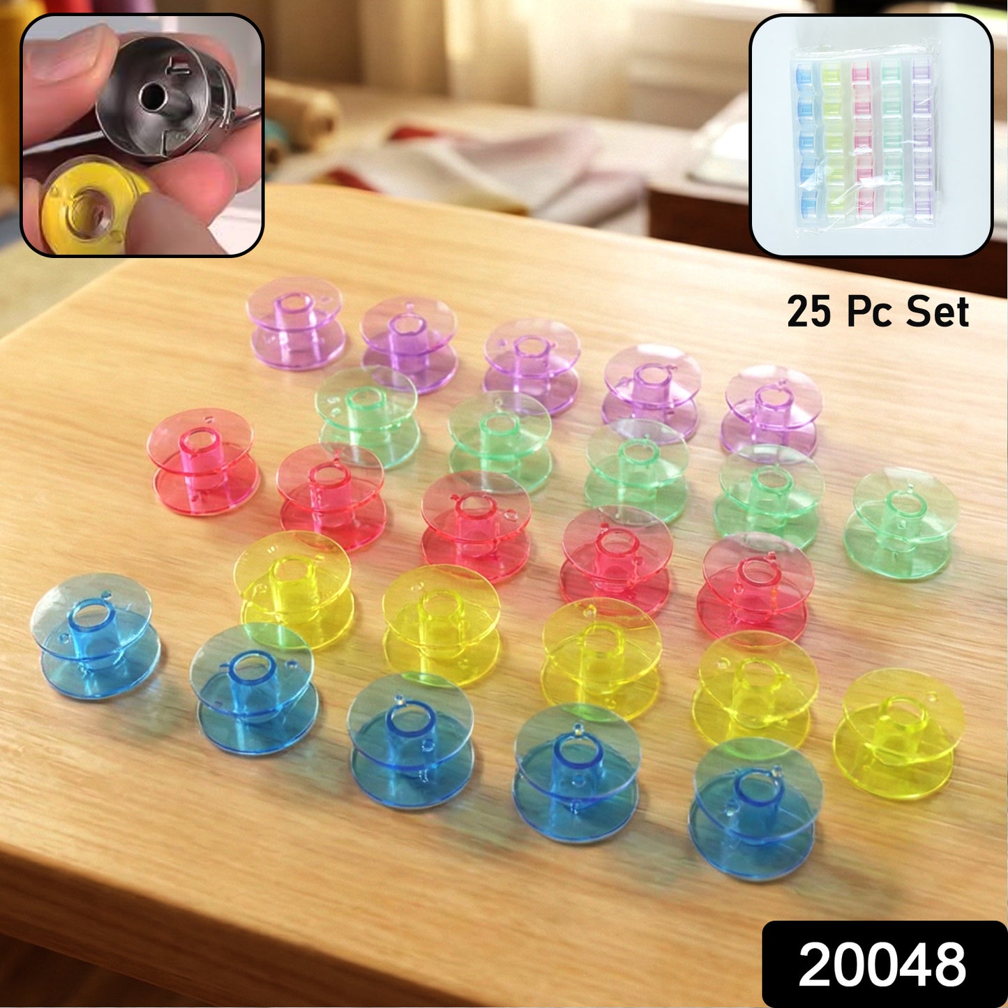 Wukusy Doris Roller Sewing Machine Bobbin Set with 25 plastic bobbins arranged in a clear container for sewing projects
