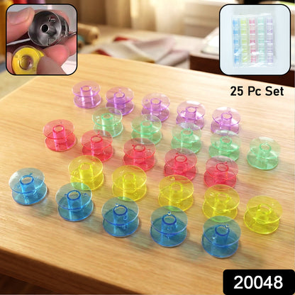 Wukusy Doris Roller Sewing Machine Bobbin Set with 25 plastic bobbins arranged in a clear container for sewing projects