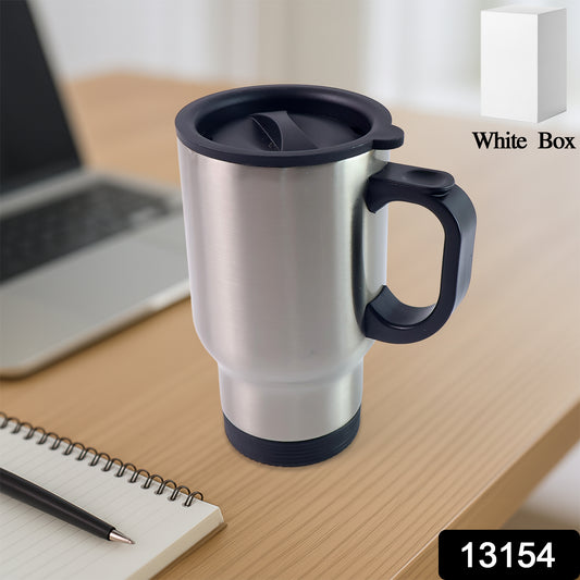 Wukusy stainless steel vacuum insulated coffee cup with lid and handle, showing a sleek, shiny exterior and secure lid.