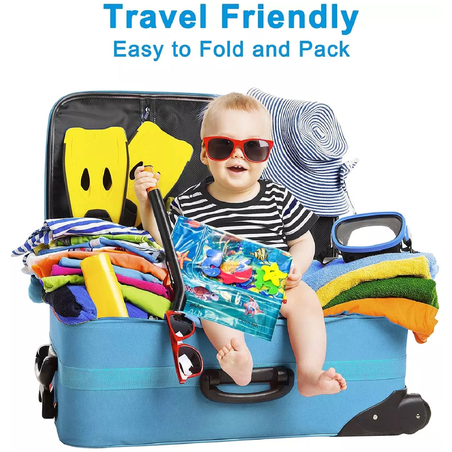 Inflatable Wukusy Baby Water Mat with colorful designs, perfect for infants aged 3 to 15 months, as a fun activity center for boys and girls.