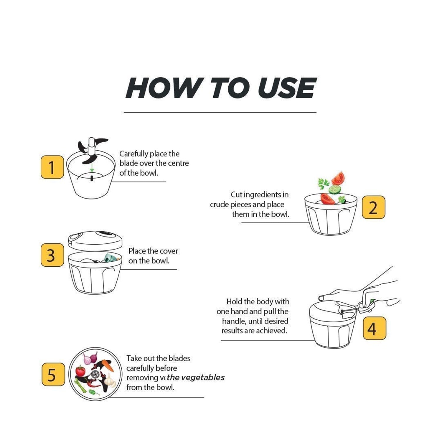 Wukusy manual stainless steel vegetable chopper with 5 blades, compact handheld kitchen tool for slicing and chopping vegetables.