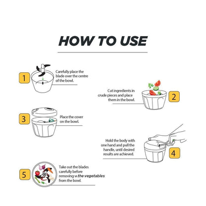 Wukusy manual stainless steel vegetable chopper with 5 blades, compact handheld kitchen tool for slicing and chopping vegetables.