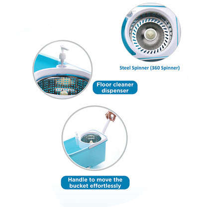 Wukusy 8703 Spin Mop with larger wheels and auto fold plastic handle for 360-degree cleaning, shown in a clean mop setup.