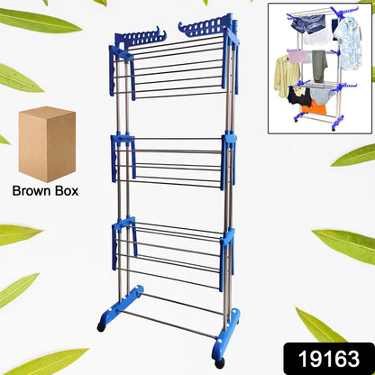 Foldable stainless steel clothes drying stand rack by Wukusy with multiple horizontal bars for hanging laundry.