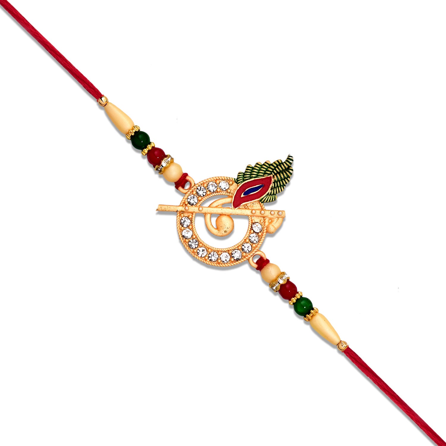Wukusy Krishna Flute Rakhi with stone-studded peacock feather design, intricate fashion bracelet for Raksha Bandhan celebration.