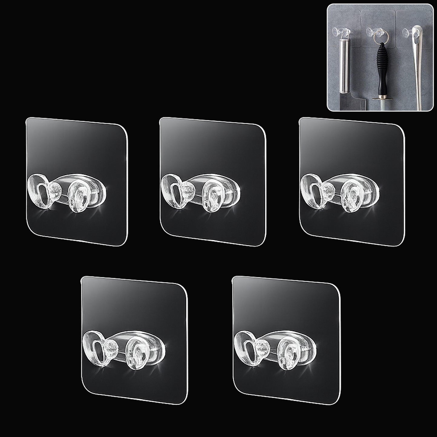 Set of five Wukusy adhesive plastic wall hooks with strong hold, self-stick hangers for lightweight items on smooth surfaces.