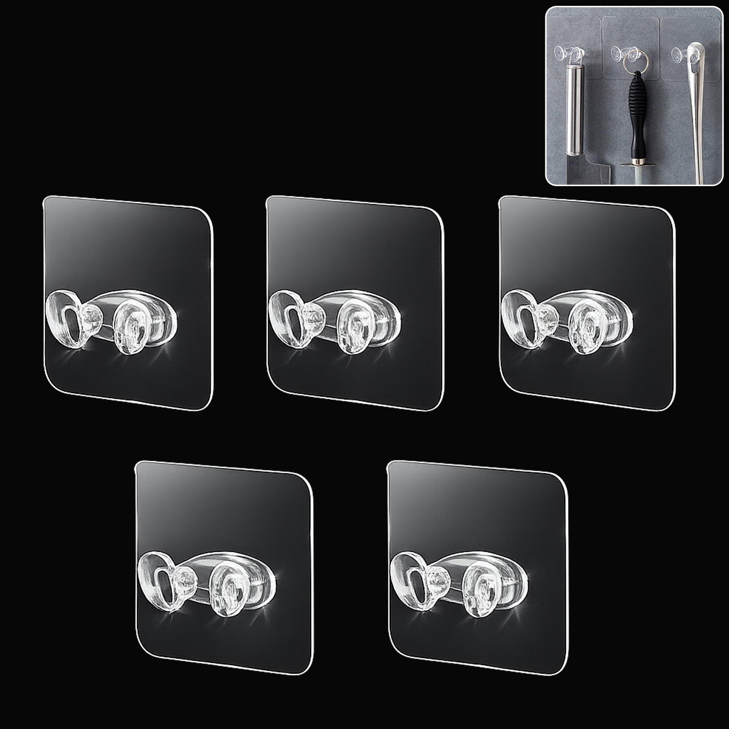 Set of five Wukusy adhesive plastic wall hooks with strong hold, self-stick hangers for lightweight items on smooth surfaces.