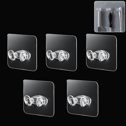 Set of five Wukusy adhesive plastic wall hooks with strong hold, self-stick hangers for lightweight items on smooth surfaces.