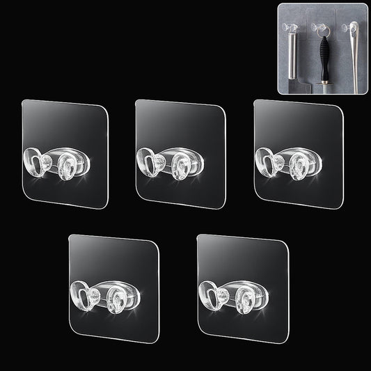 Set of five Wukusy adhesive plastic wall hooks with strong hold, self-stick hangers for lightweight items on smooth surfaces.