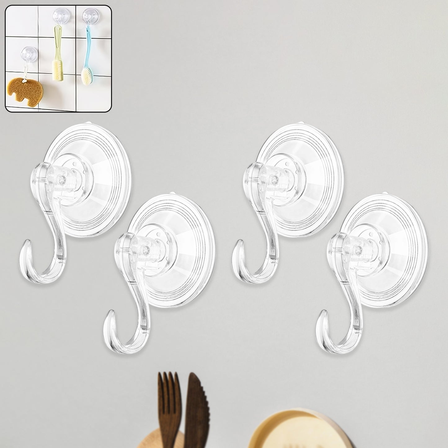 Set of 10 Wukusy plastic suction cup hooks for home and kitchen use, showing hooks attached to a smooth surface.