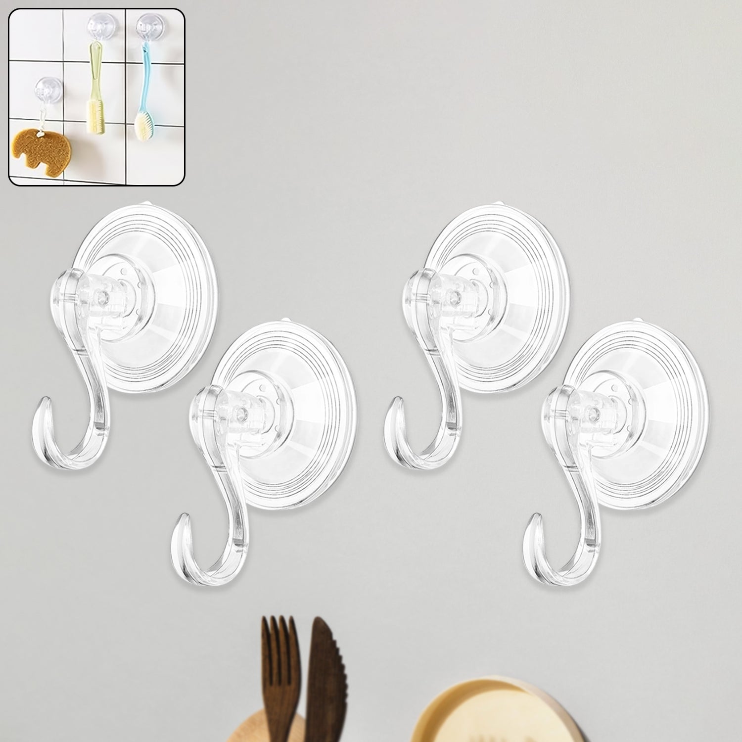 Set of four Wukusy plastic suction cup hooks attached to a smooth surface for hanging lightweight items.