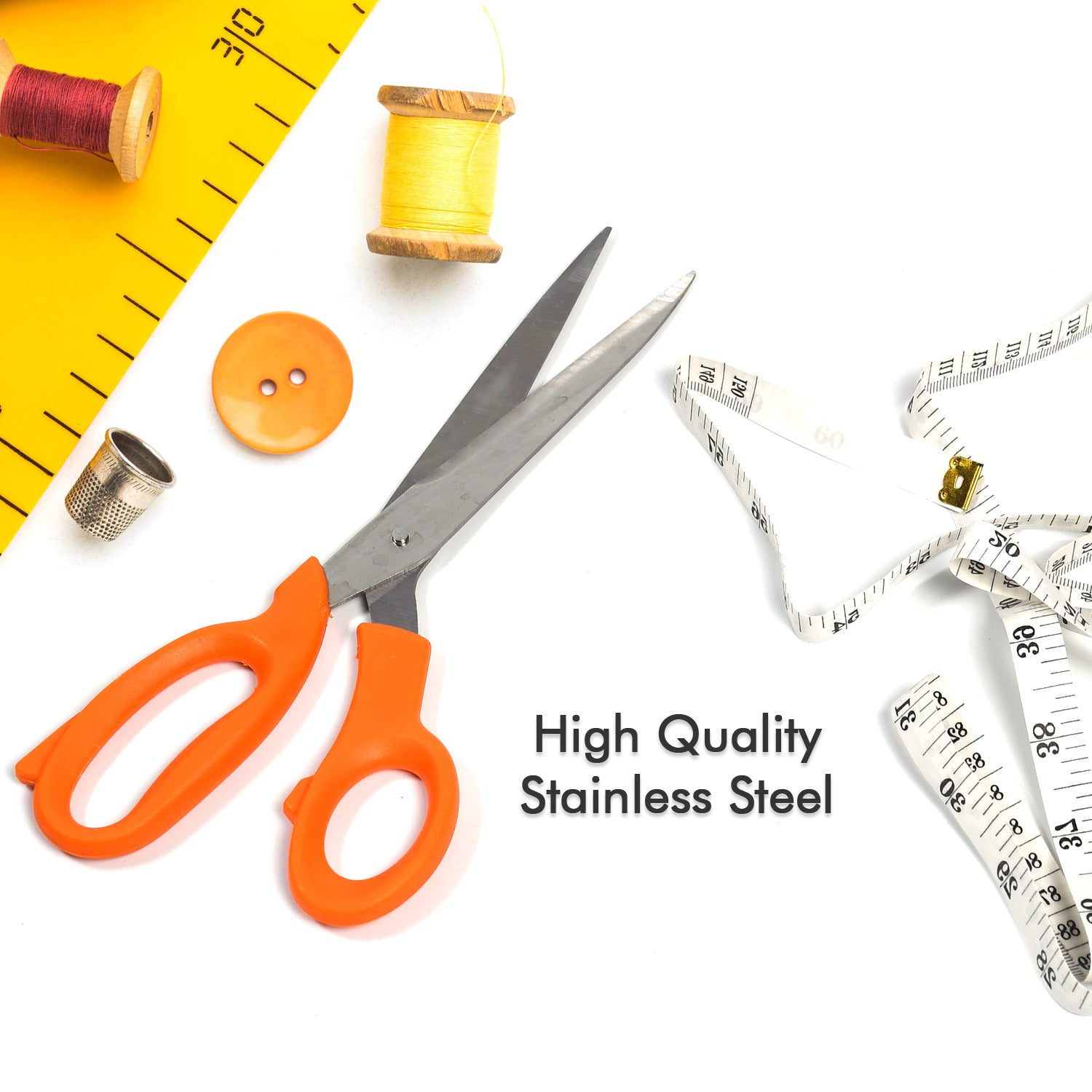 Wukusy tailor scissors and flexible measuring tape for home improvement, featuring high-quality stainless steel blades and a soft grip handle.