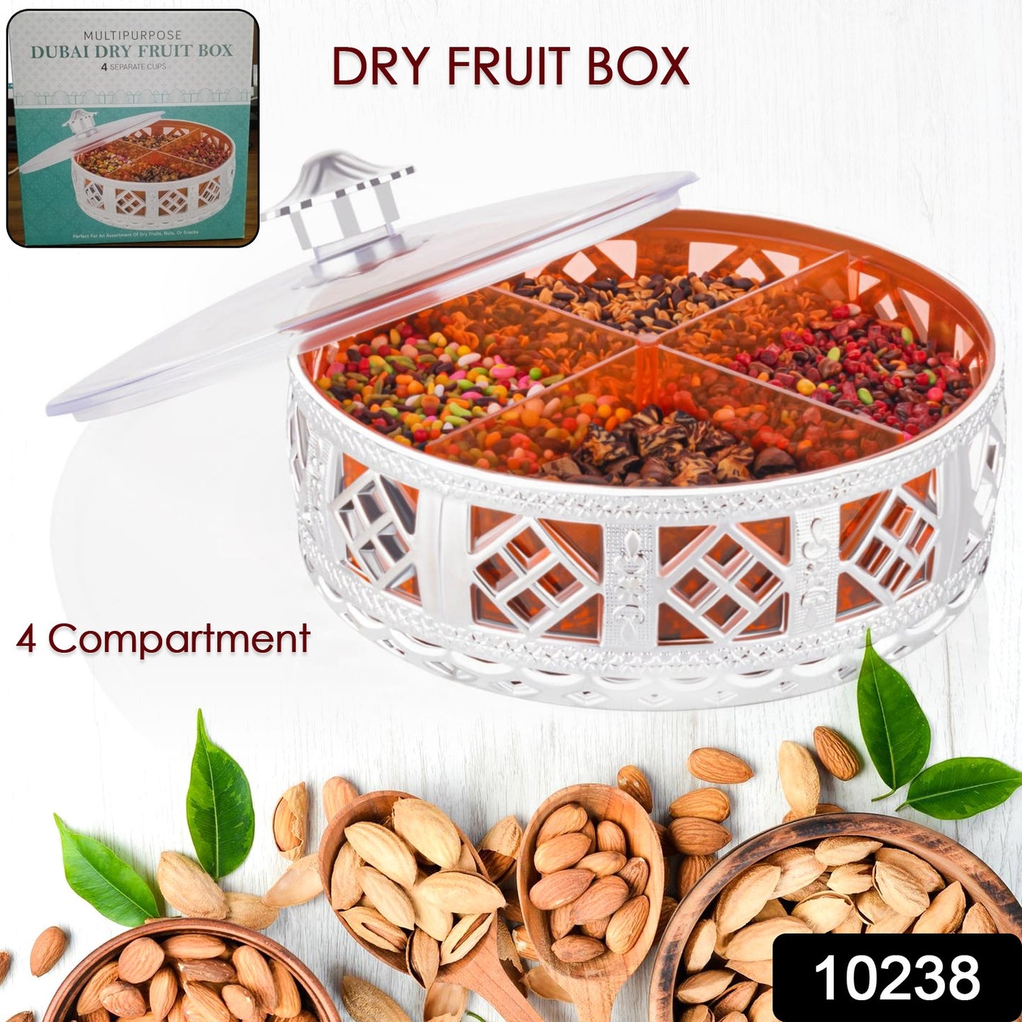 Wukusy silver dry fruit box with four compartments, round shape, ideal for storing assorted dry fruits in the kitchen.