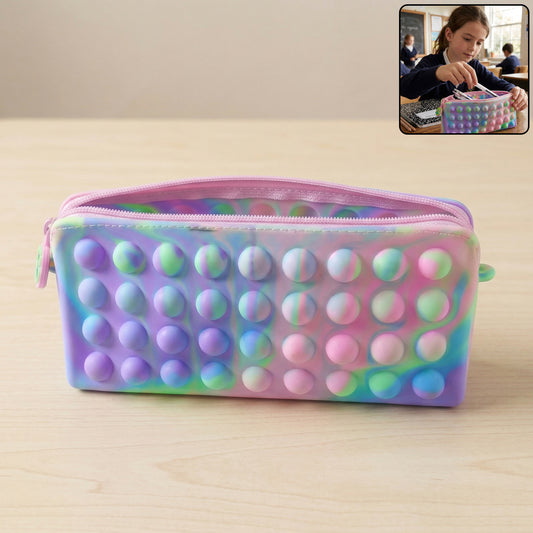 Multicolor Wukusy Pop It silicone pencil pouch for kids, flexible and fun, measuring 21x10 cm with multiple pop-it bubbles.