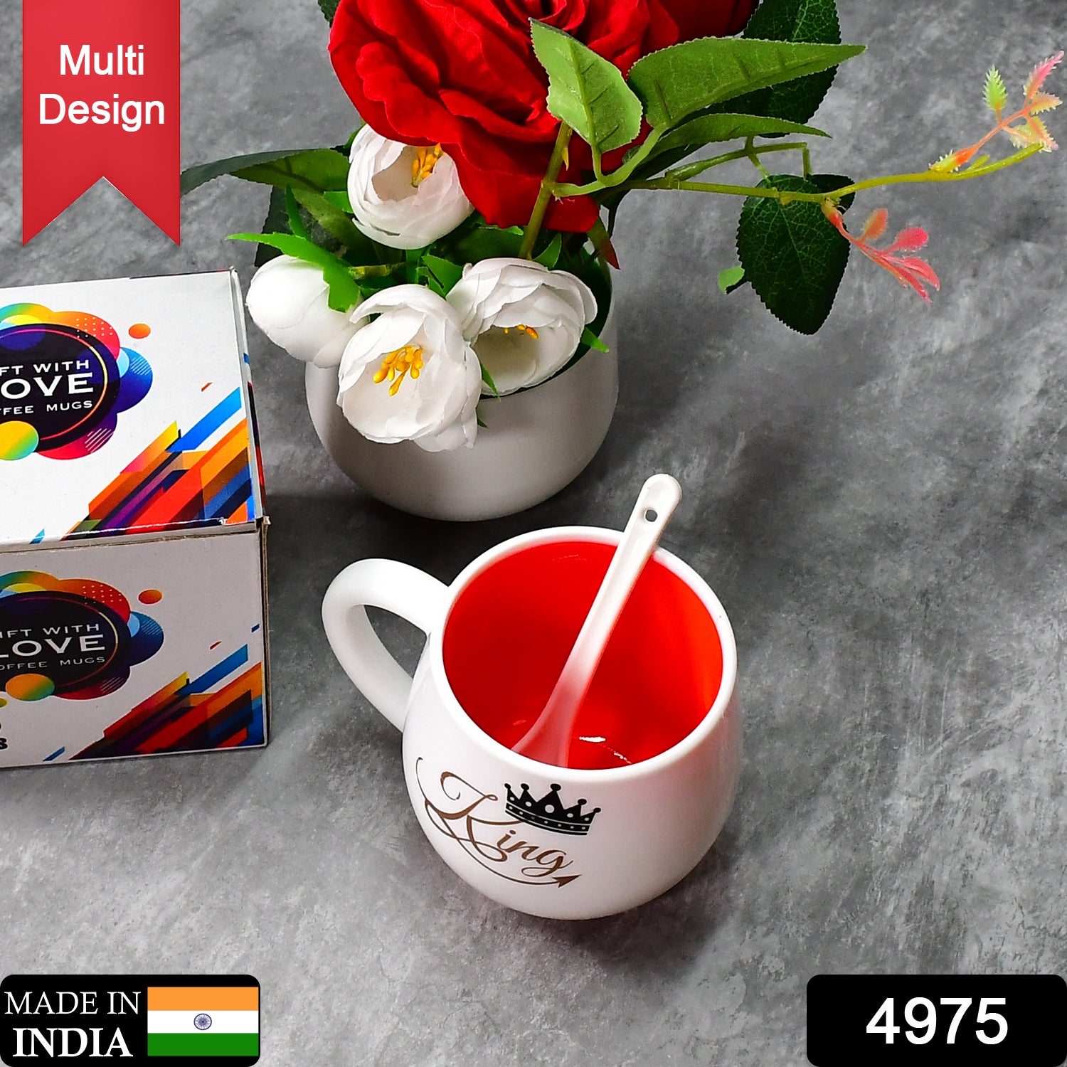 Wukusy 4975 ceramic coffee mug with multi-design, spoon, and box, microwave safe, ideal for tea and coffee gifting.