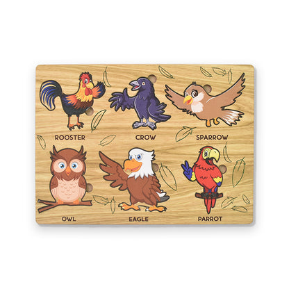 Wooden bird puzzle learning educational toy by Wukusy, featuring colorful bird pieces on a wooden board for kids.