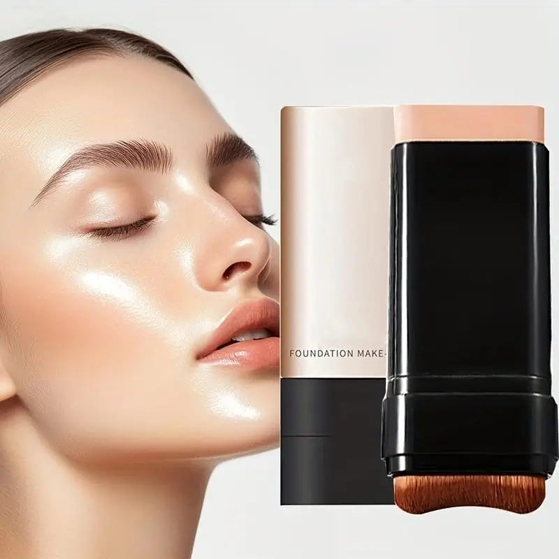 Ekom 2-in-1 luxury anti-wrinkle foundation stick with dual heads and brush, in natural shade, for long-lasting makeup application.