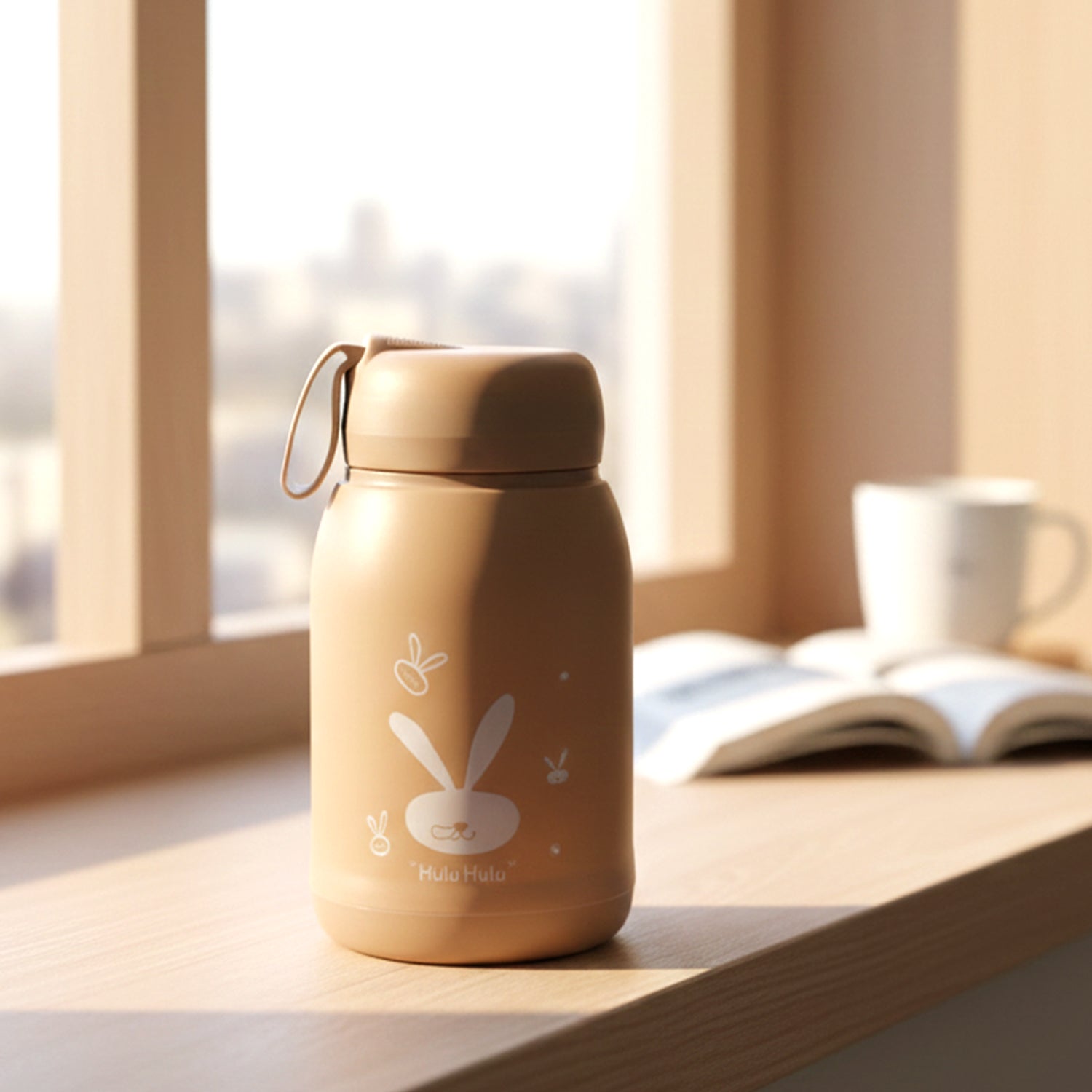 Wukusy cute bunny print glass drinking bottle, 330ml, brown with bunny illustration, reusable and eco-friendly.