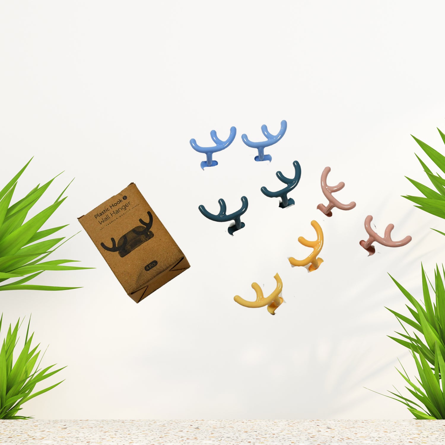 Wukusy 4725 plastic wall hanger hooks with adhesive backing, set of 4, ideal for home organization and wall mounting.