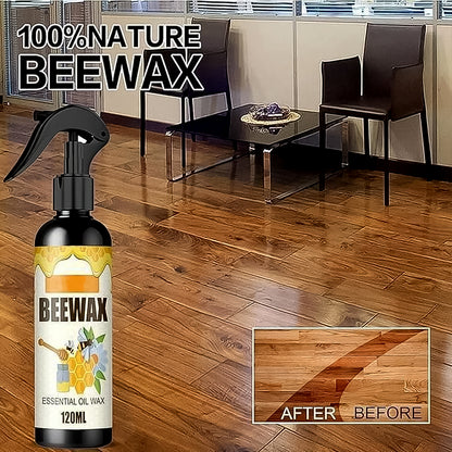 Wukusy beeswax essential oil wood polish spray in a 120ml bottle, natural wood surface with a spray nozzle visible.