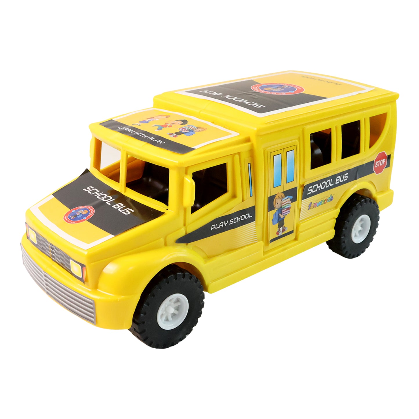 Wukusy Funwoods friction-powered school bus toy, colorful plastic vehicle with detailed windows and wheels for kids' play.