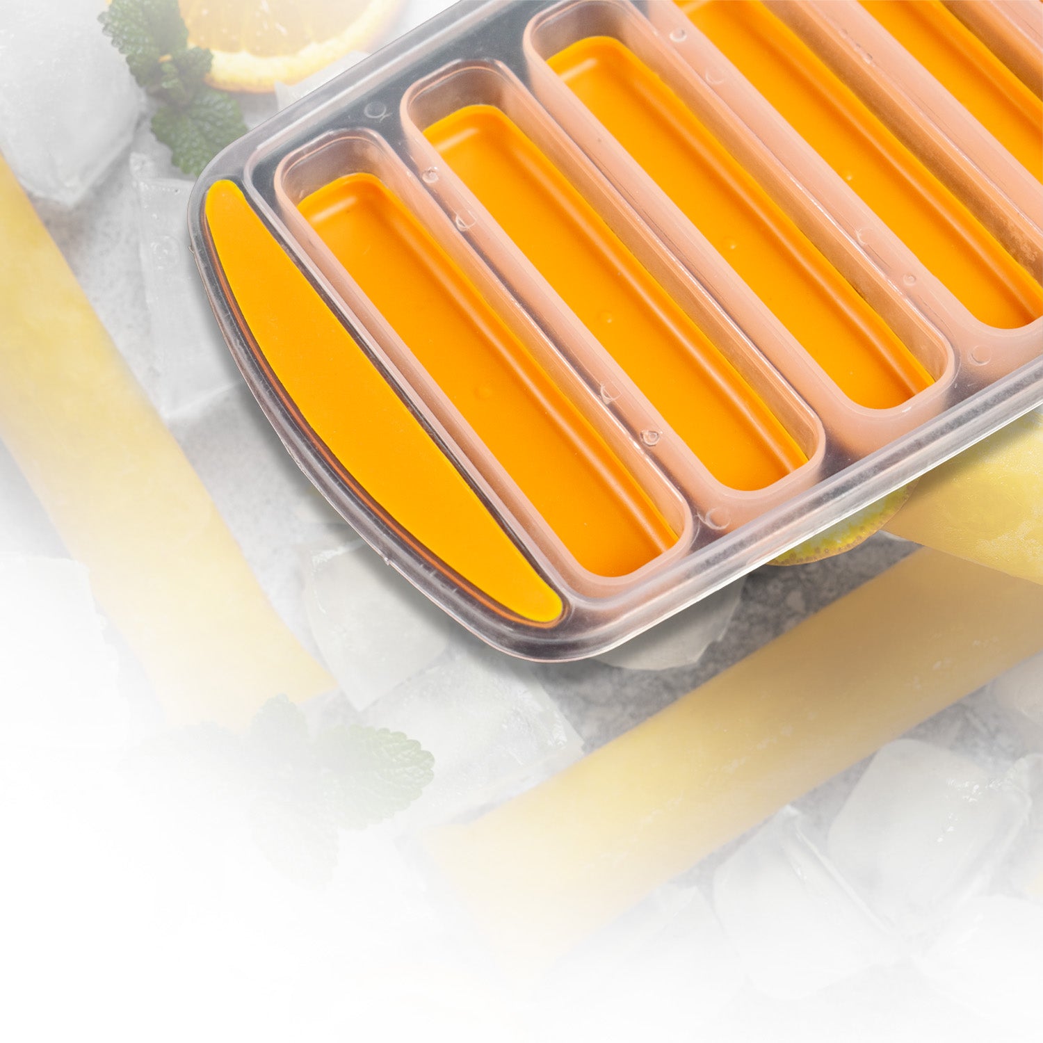 Wukusy 7166 water bottle long stick ice cube tray with silicone bottom, colorful narrow ice sticks for beverages.