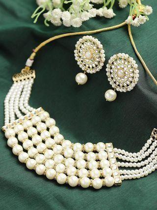 Karatcart Pearl Multilayer Beaded Kundan Choker Necklace Set for Women from Drpshippr Men's Collection with intricate beads and Kundan design