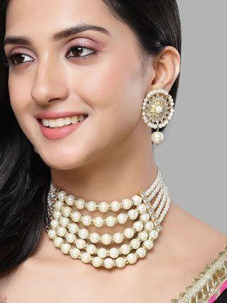 Karatcart Pearl Multilayer Beaded Kundan Choker Necklace Set for Women from Drpshippr, featuring intricate beaded and Kundan design.
