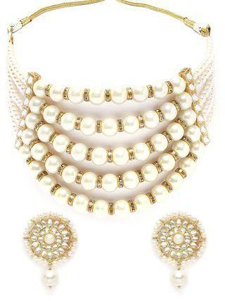Karatcart pearl multilevel beaded Kundan choker necklace set for women, featuring intricate design and traditional jewelry style.