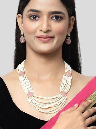 Pink carved stone and pearl beaded Rani Haar necklace set with studded details from Drpshippr's men's collection, featuring intricate craftsmanship.
