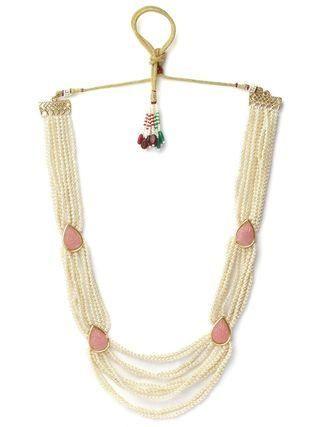 Pink carved stone and pearl beaded Rani Haar necklace set featuring studded stones, part of Drpshippr's men's collection.