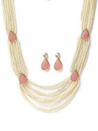 Pink carved stone and pearl beaded Rani Haar necklace set for women, featuring intricate design from Drpshippr Men's Collection.