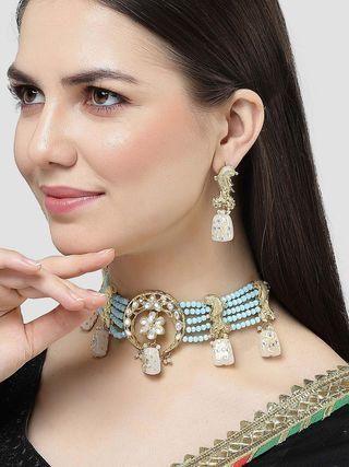 White designer Kundan choker necklace set with light blue crystal beads and tumbling beads, crafted by Drpshippr.