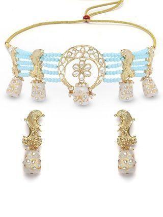 White designer Kundan choker necklace set with light blue crystal beads and tumble design, by Drpshippr.