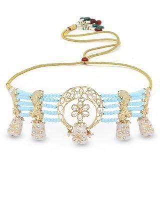 White designer Tumble Light Blue crystal beaded Kundan choker necklace set by Drpshippr featuring intricate craftsmanship.
