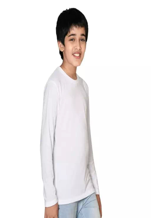 White cotton full sleeve solid T-shirt by Seasons, displayed on a hanger showing front view with smooth fabric and simple design.