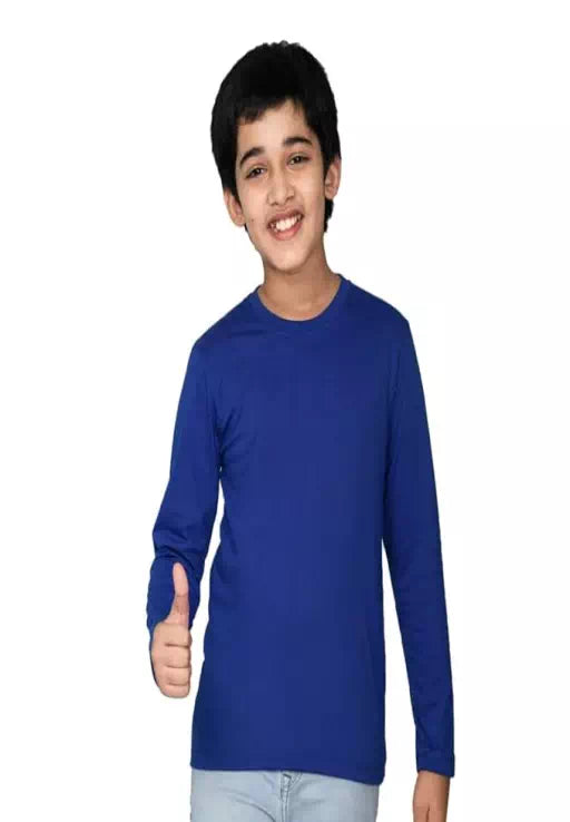 Blue cotton full sleeve T-shirt by Seasons featuring a solid design and a classic, comfortable fit.