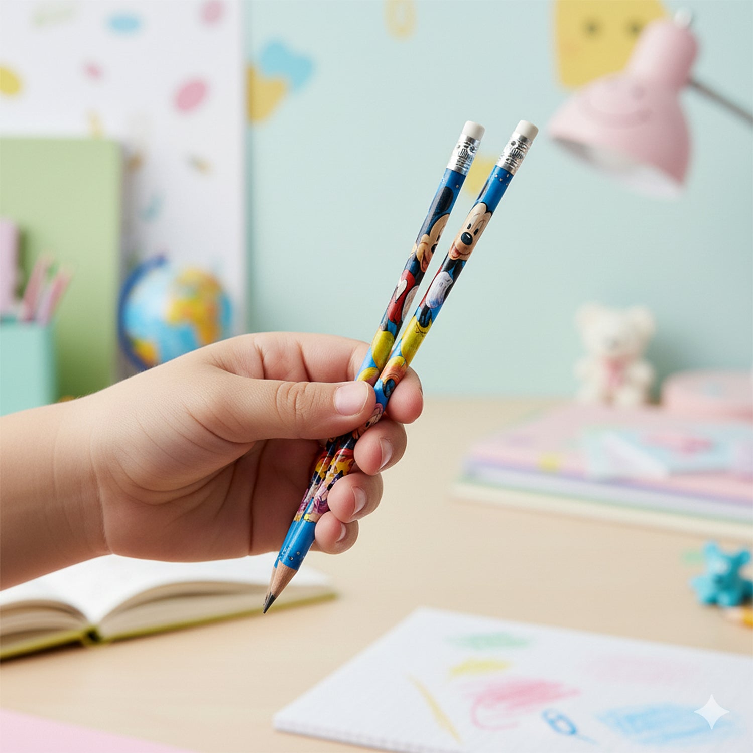 Set of 12 Wukusy premium cartoon-printed graphite pencils for office use, featuring colorful cartoon designs on the pencils.