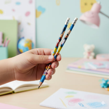 Set of 12 Wukusy premium cartoon-printed graphite pencils for office use, featuring colorful cartoon designs on the pencils.