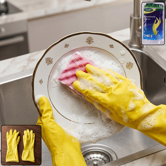 Pair of Wukusy Medium Victor Yellow Cleaning Rubber Gloves for kitchen dishwashing, reusable and durable for household cleaning.