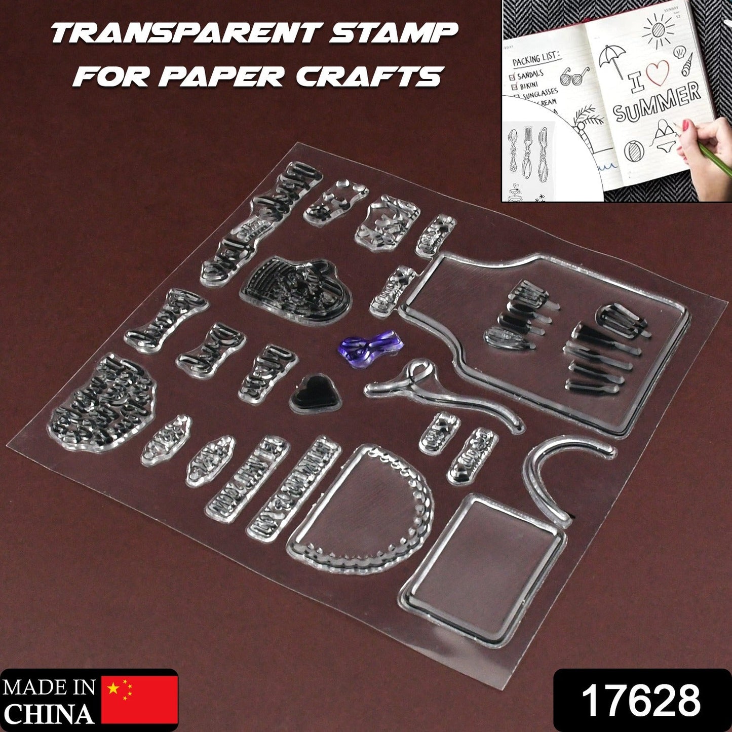Wukusy reusable rubber TPR stamp set with mixed designs for DIY crafts, envelopes, diaries, invitations, and paper decoration.