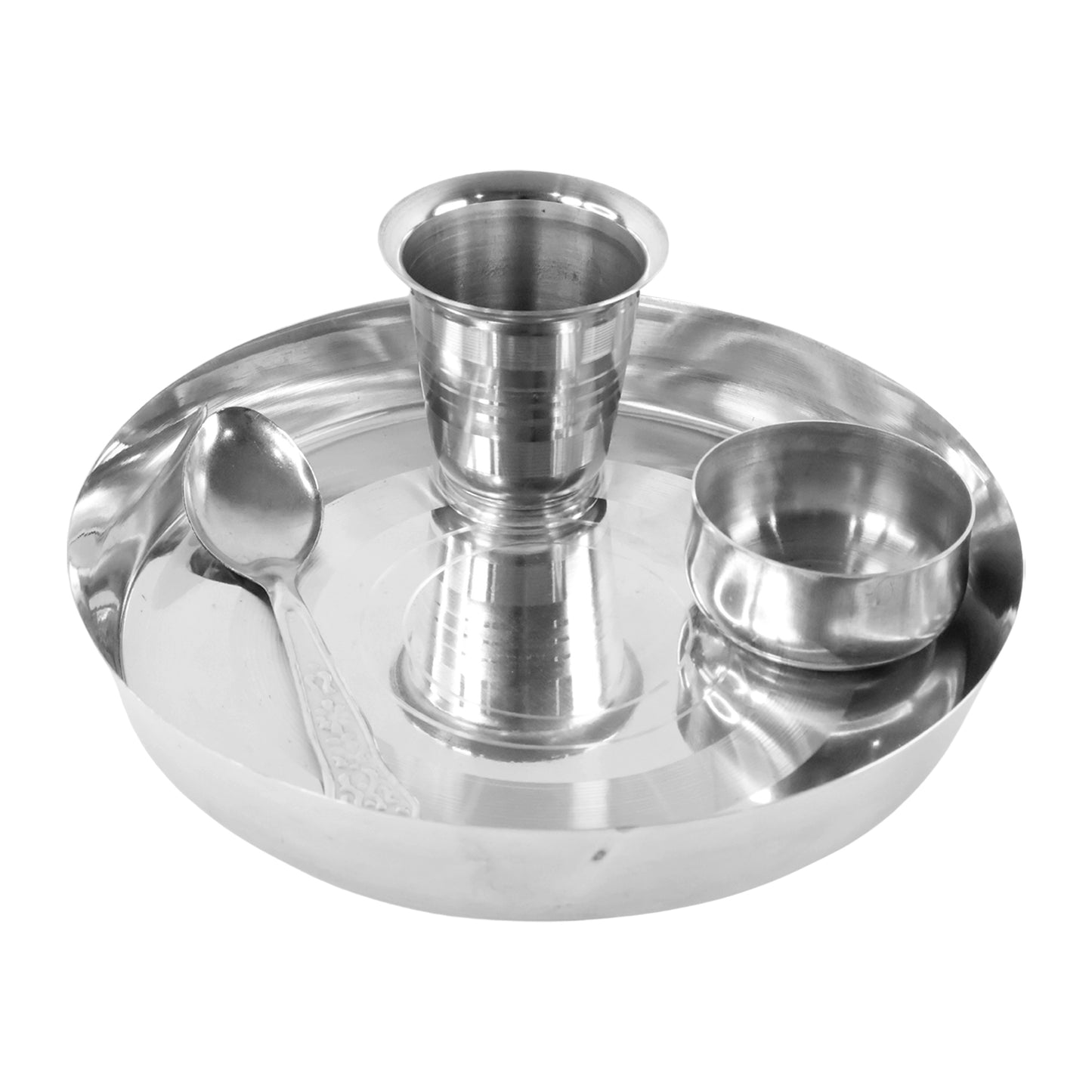 Stainless steel Pooja Thali set by Wukusy, featuring traditional Hindu prayer plate with intricate designs and utensils for worship.