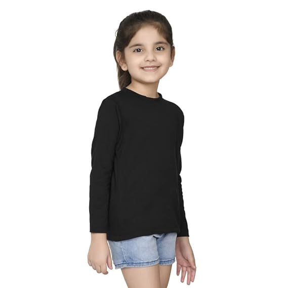 Girls black solid color T-shirt by Seasons, casual short-sleeve top with a comfortable fit, shown on a plain background.